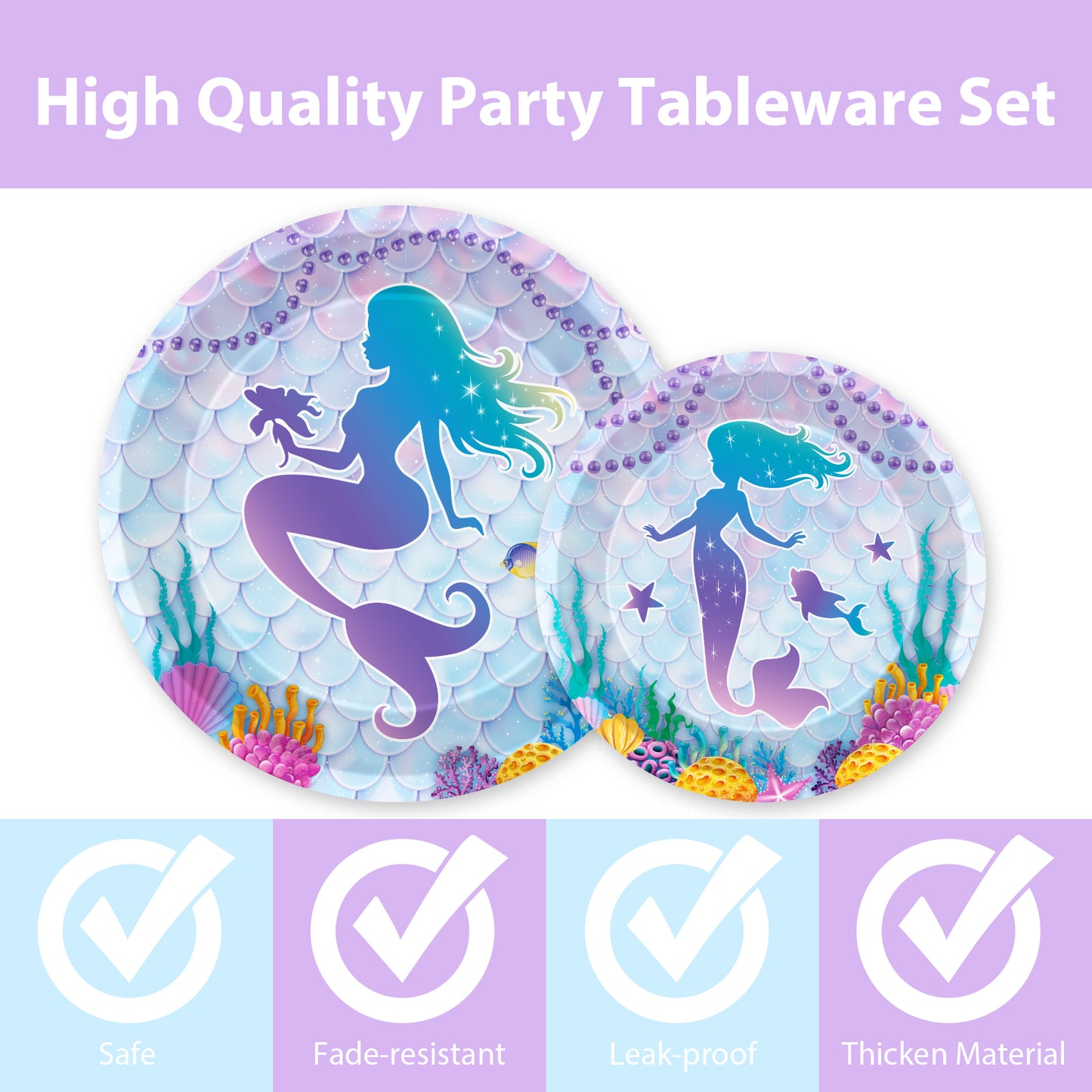 Mermaid Theme Party Supplies,Plates Napkins Forks Set of 96pcs