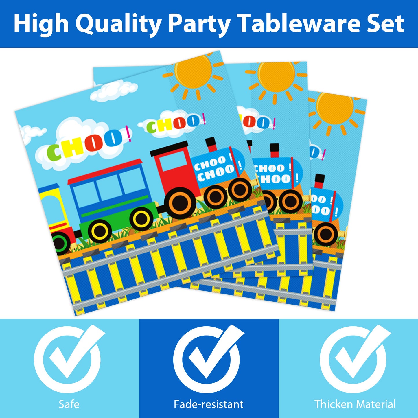 96 Pieces Train Party Tableware Set Paper Plates Napkins Forks for 24 Guests