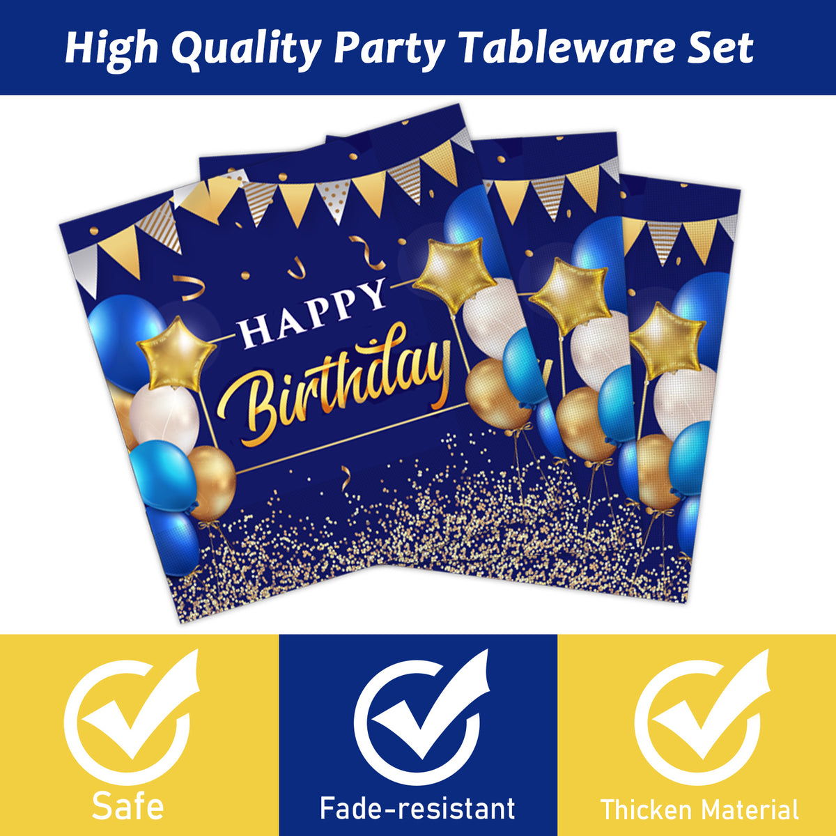 96 Pieces Blue and Gold Birthday Party Tableware Set Paper Plates Napkins Forks for 24 Guests