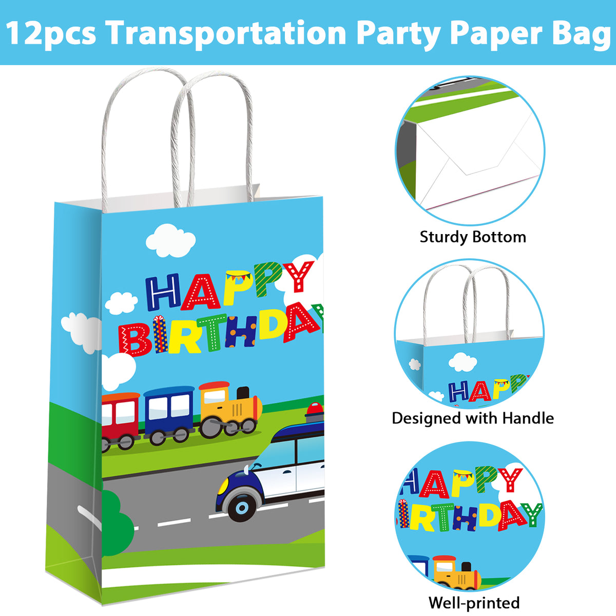 Transportation Party Gift Treat Bags with Handle, 12pieces