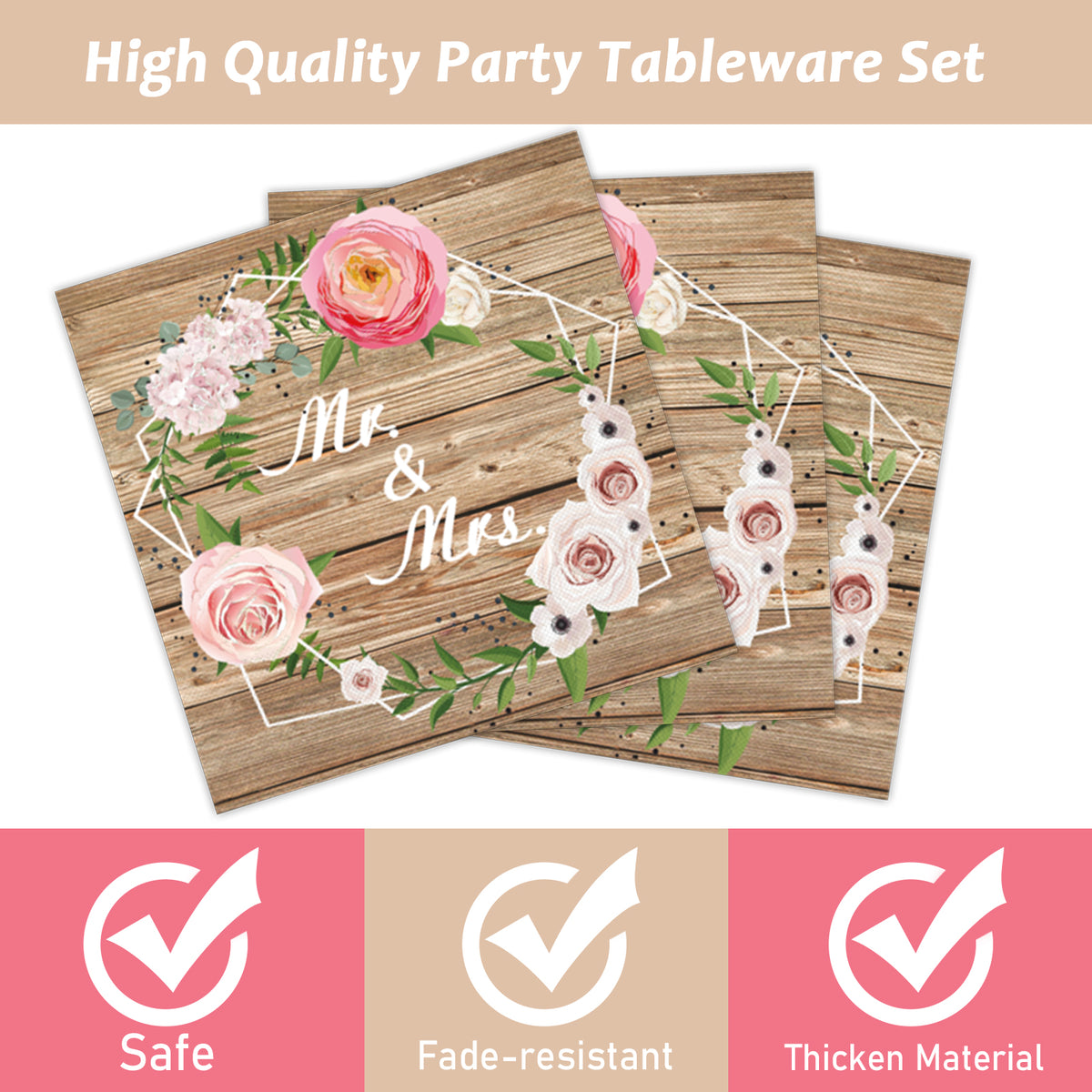 96 Pieces Mr. & Mrs. Tableware Set Bridal Shower Wedding Paper Plates Napkins Forks for 24 Guests