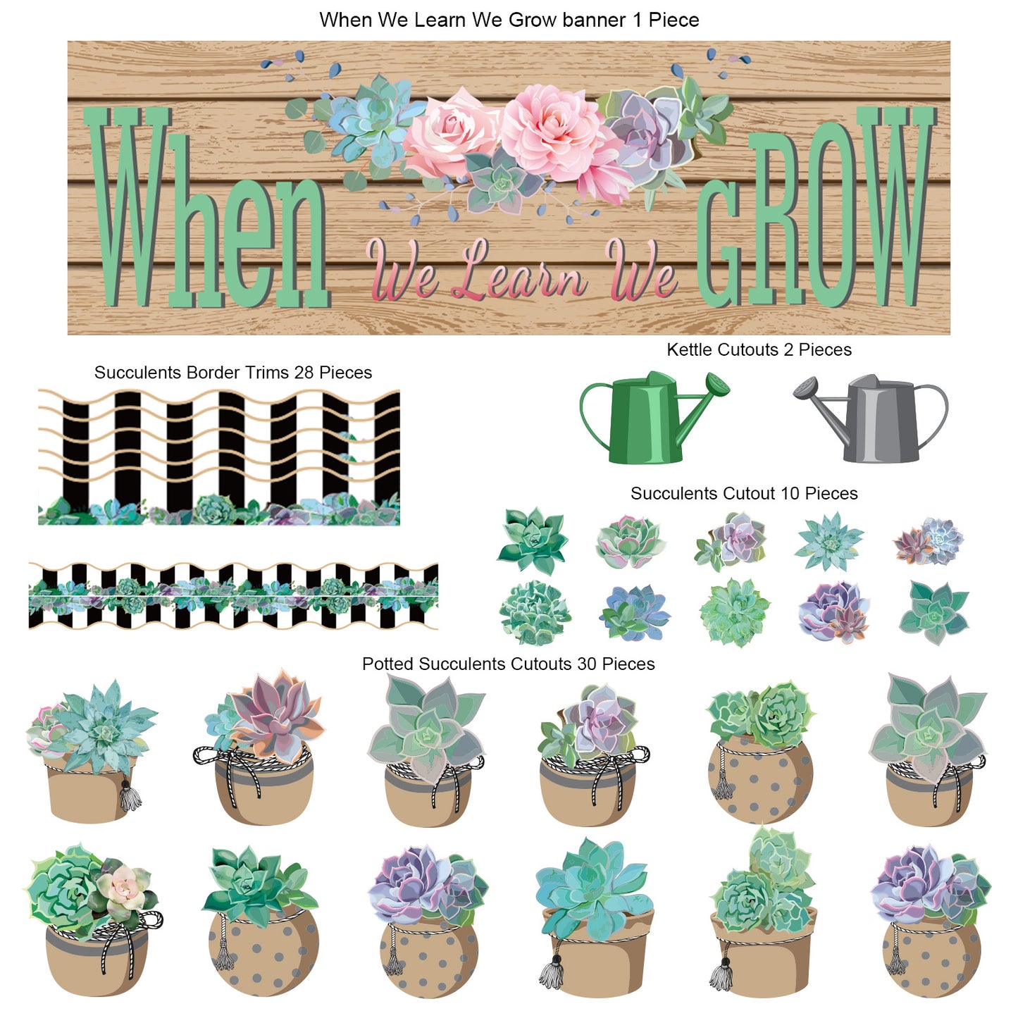 71 Pieces Succulents Bulletin Board Set Cutouts Banner Border Trims Classroom Decor-When We Learn We Grow