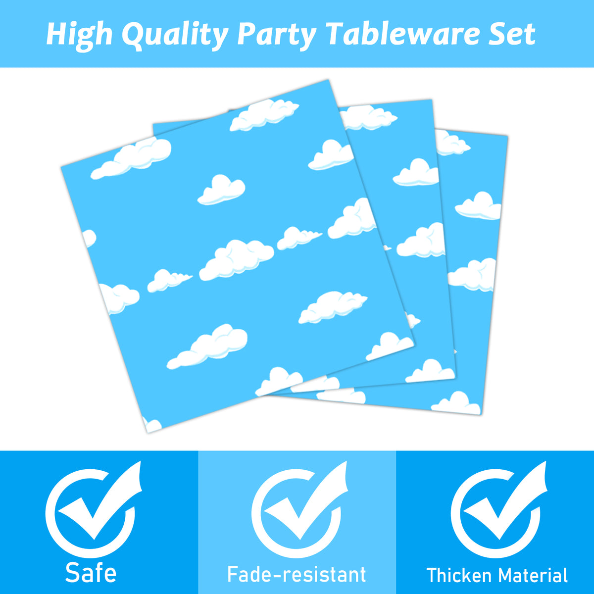 Blue Sky White Clouds Party Supplies,Plates Napkins Forks Set of 96pcs