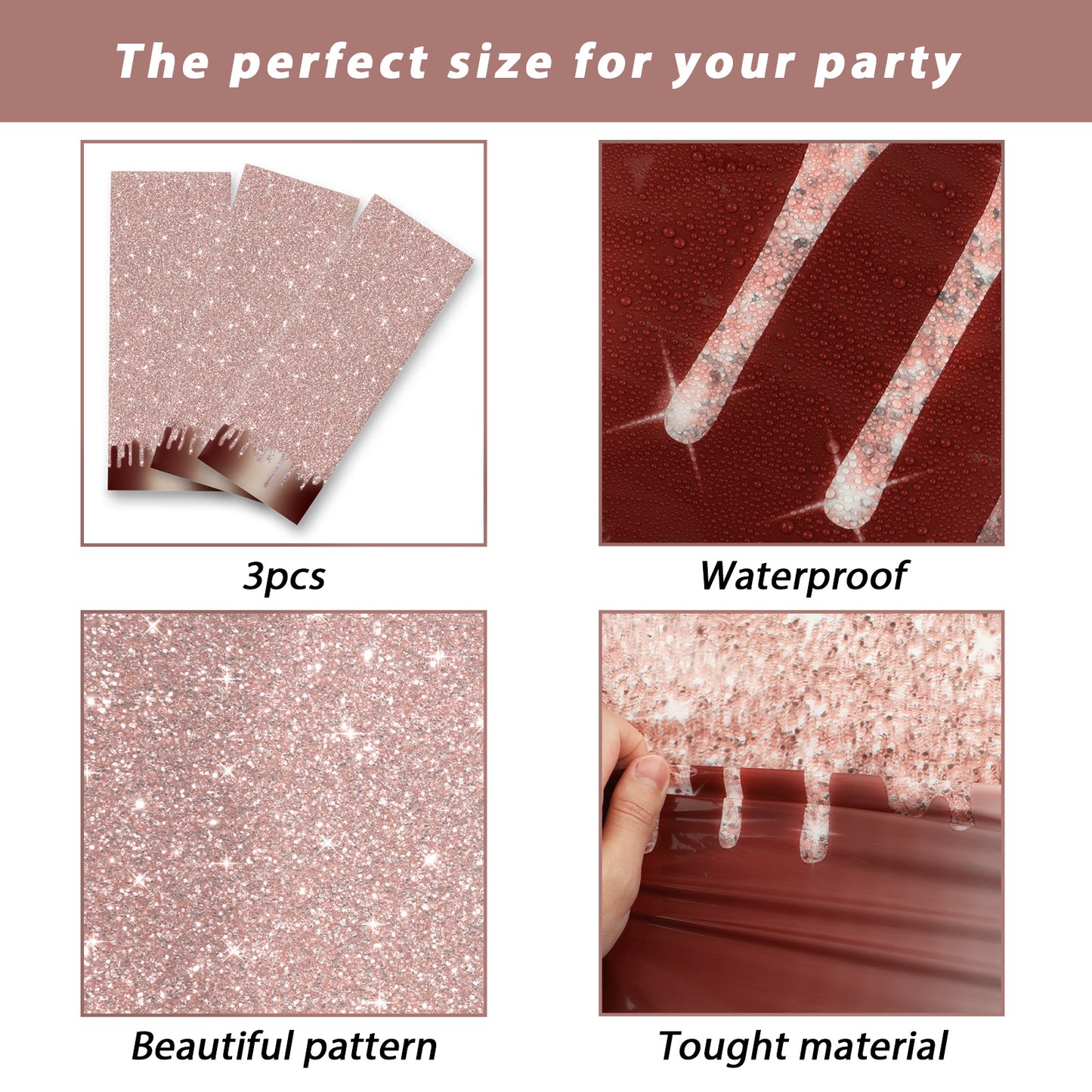 3pcs Pink Rose Golden Birthday Party Tablecloths 108 x 51 inch