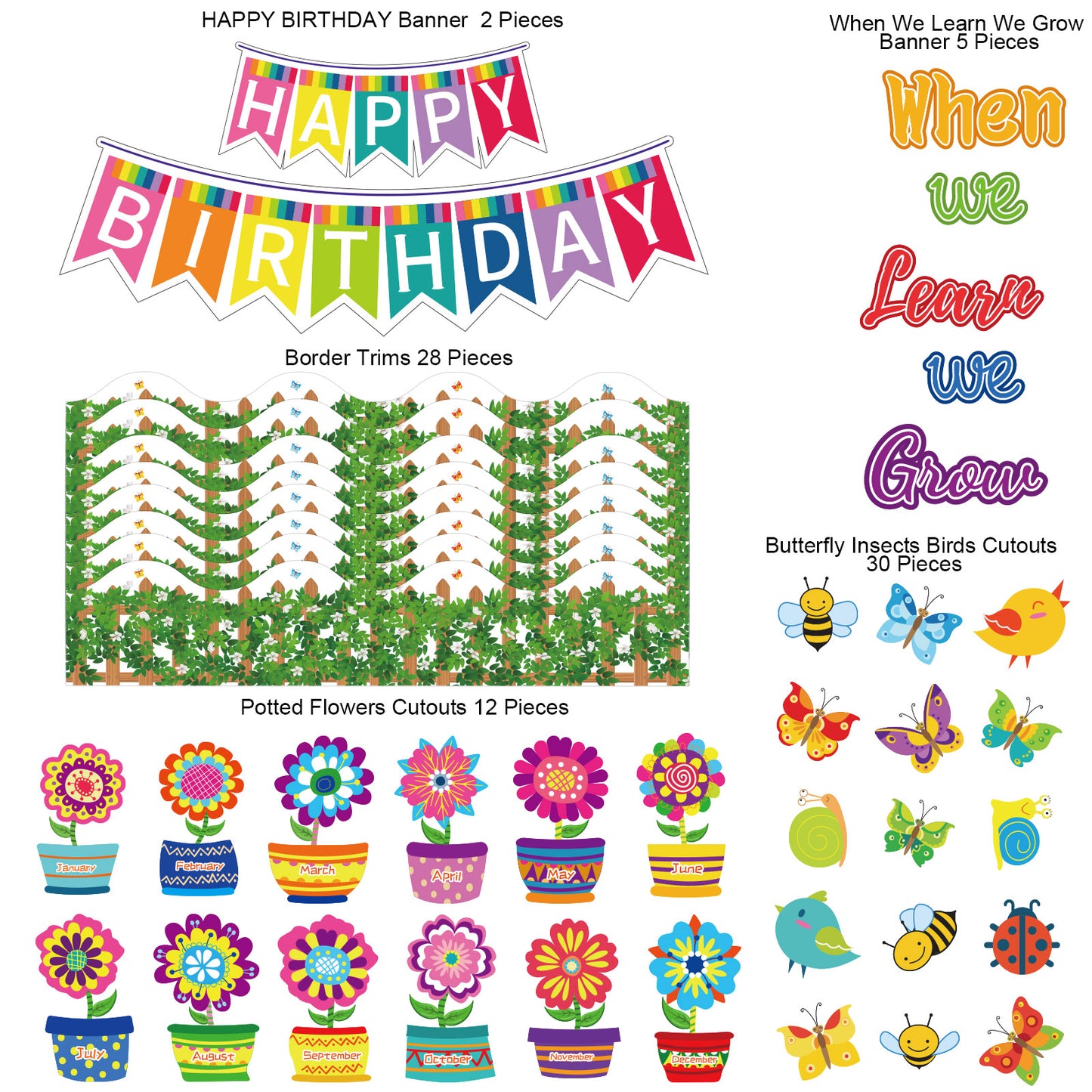 74 Pieces Flowers Butterfly Happy Birthday Bulletin Board Set