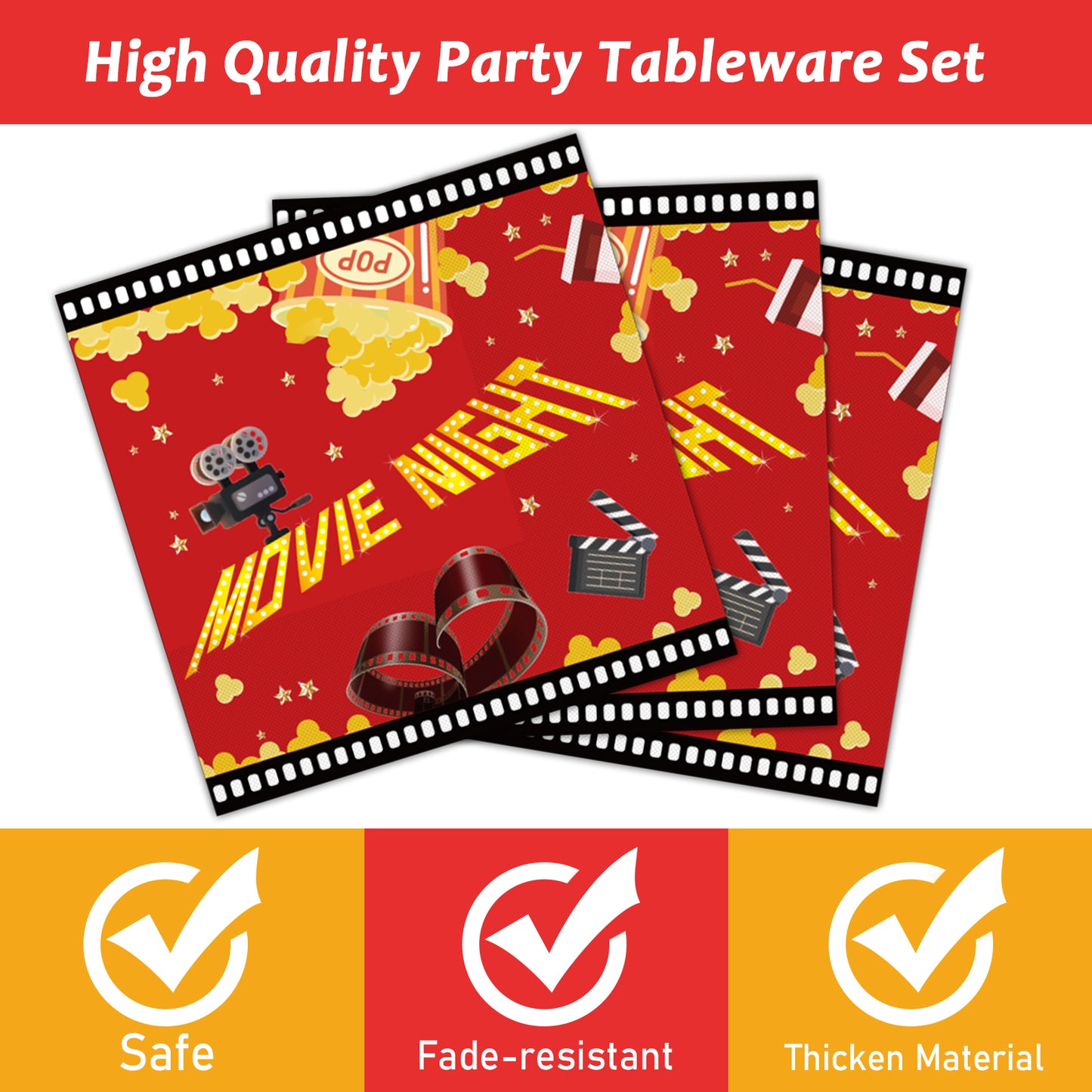 Movie Night Theme Party Supplies,Plates Napkins Forks Set of 96pcs