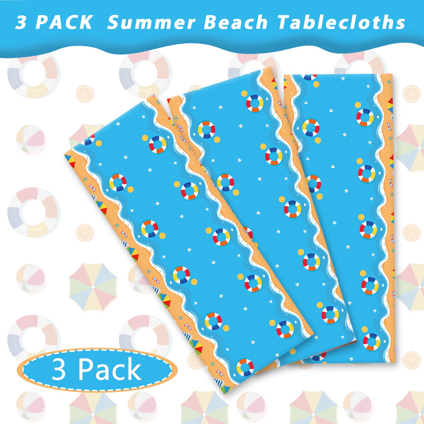 Summer Beach Party Plastic Tablecloth,Set of 3