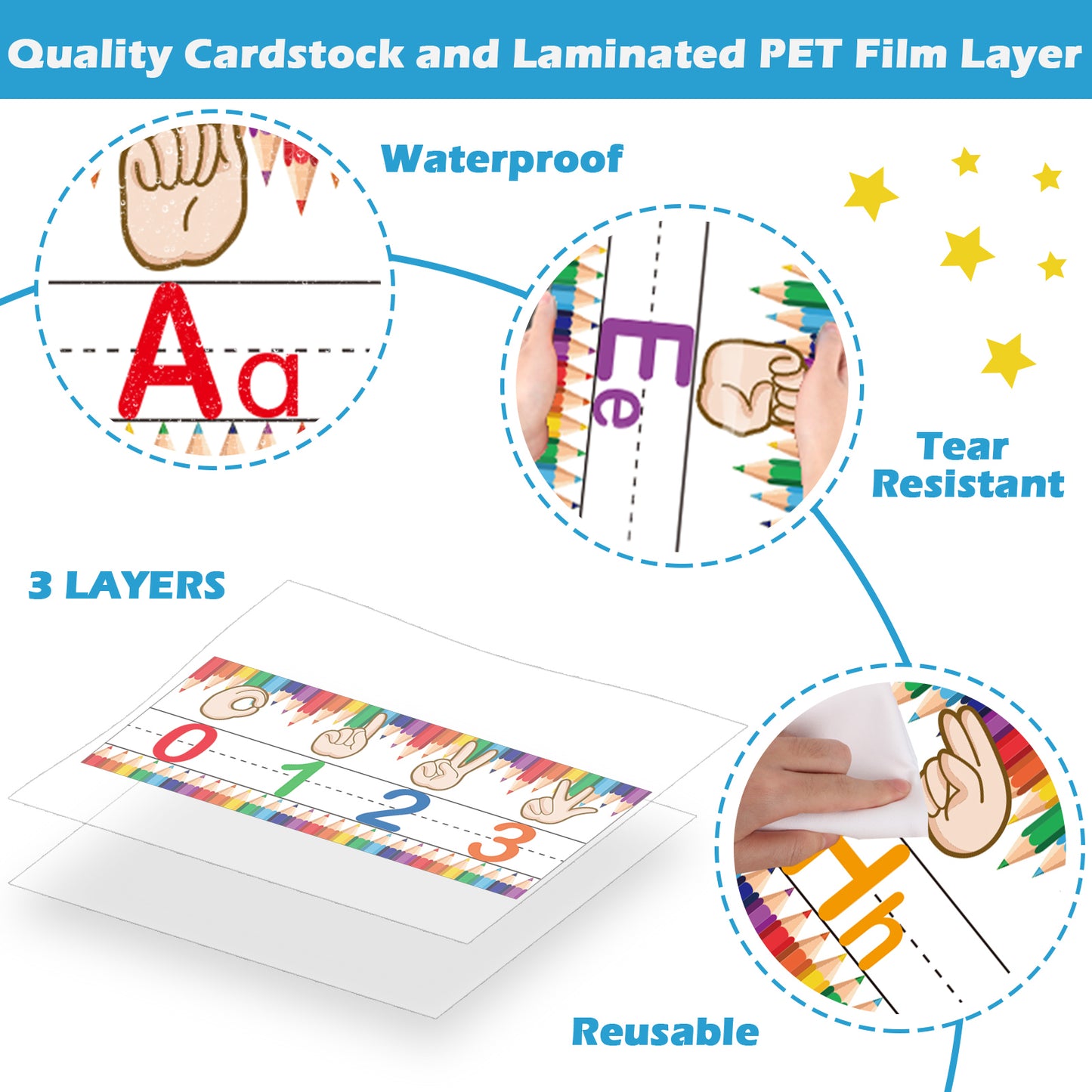 12 Pieces ASL Alphabet and Numbers Bulletin Board Alphabet Strips Set