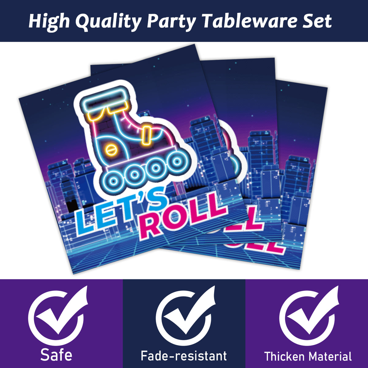 96 Pieces 70's Disco & Roller Skate Party Tableware Set Paper Plates Napkins Forks for 24 Guests