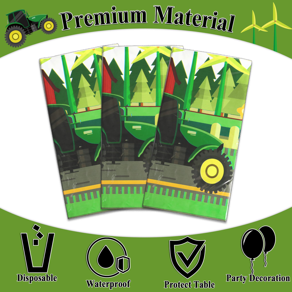 Set of 3 Green Tractor Tablecloth for Birthday Party Farm Party