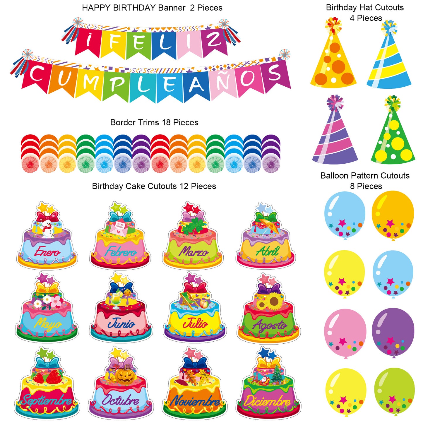 44 Pieces Spanish Happy Birthday Bulletin Board Set Birthday Bulletin Board Set Decorations