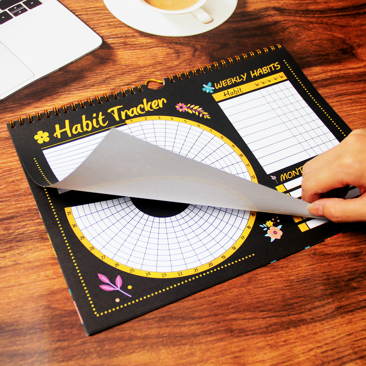 Black Habit Tracker Calendar Goal Planner with Spiral Binding - 12+2 Month