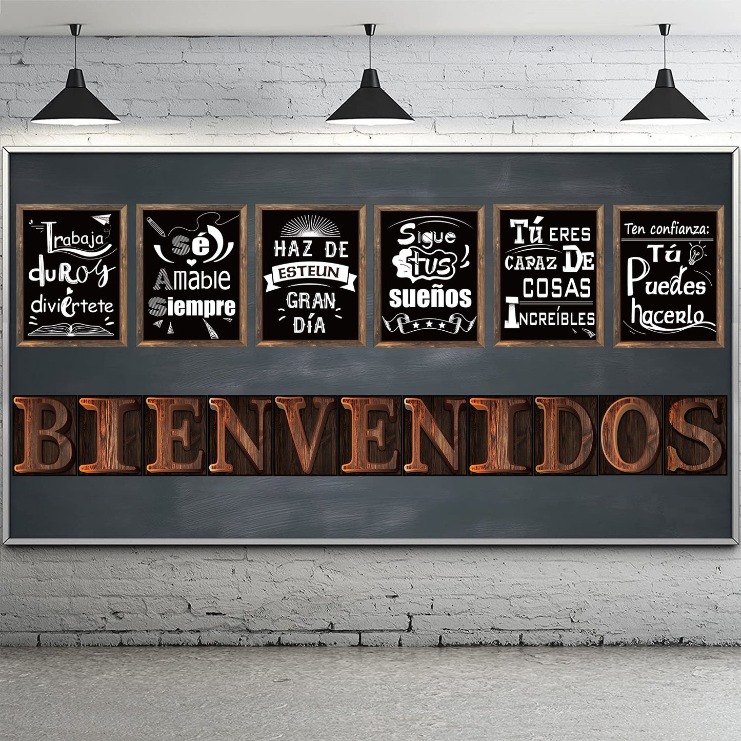Spanish Bienvenidos Posters Classroom Decorations with Adhesive Dots - 17 Pack Black