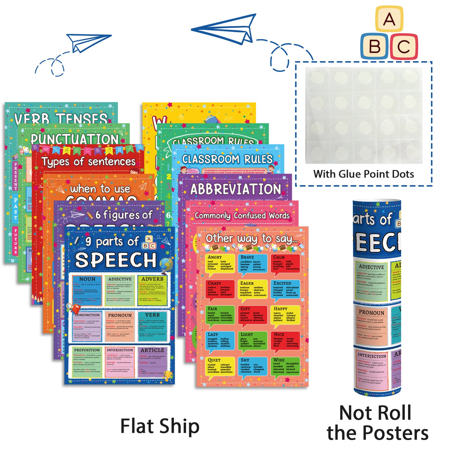 12 Pieces English Grammar Posters Educational Literary Wall Signs,16 x 11 Inch
