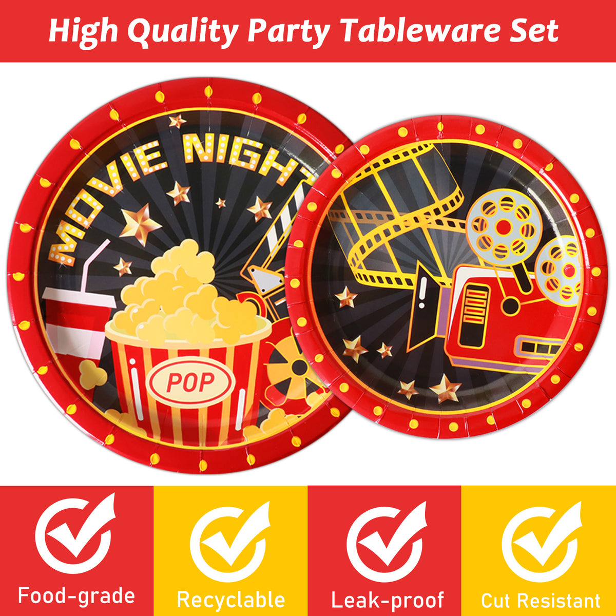 Movie Night Theme Party Supplies,Plates Napkins Forks Set of 96pcs