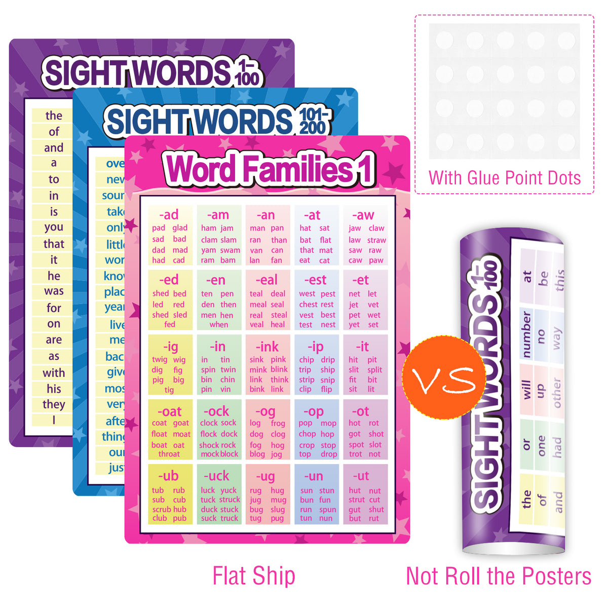 3 Pieces Learning Educational Sight Words and Word Families Posters