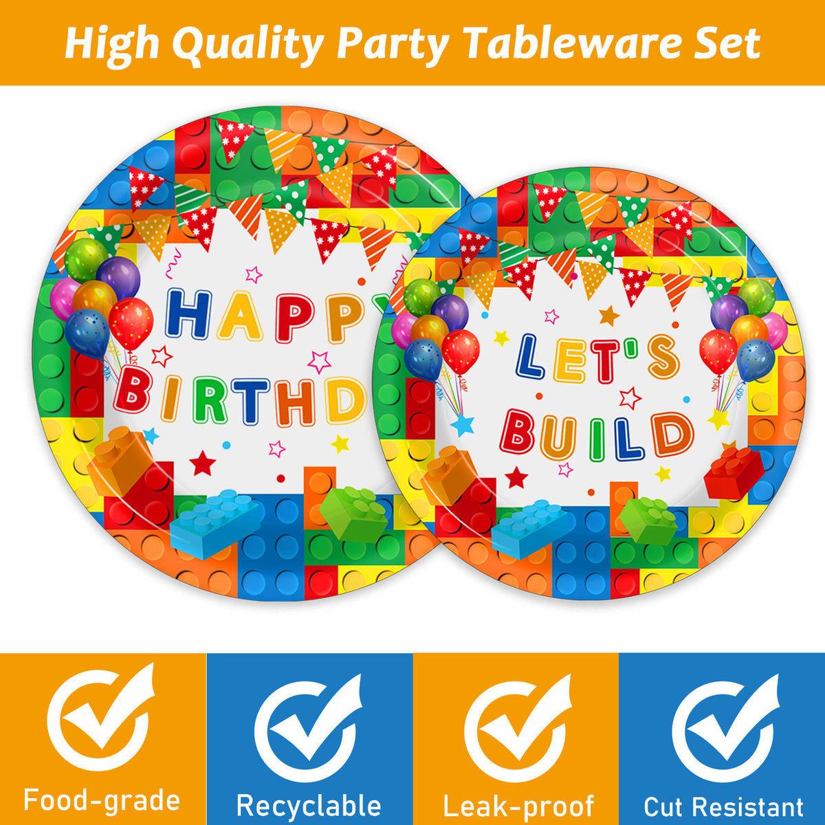 96 Pcs Building Block Birthday Party Supplies for 24 Guests（White）