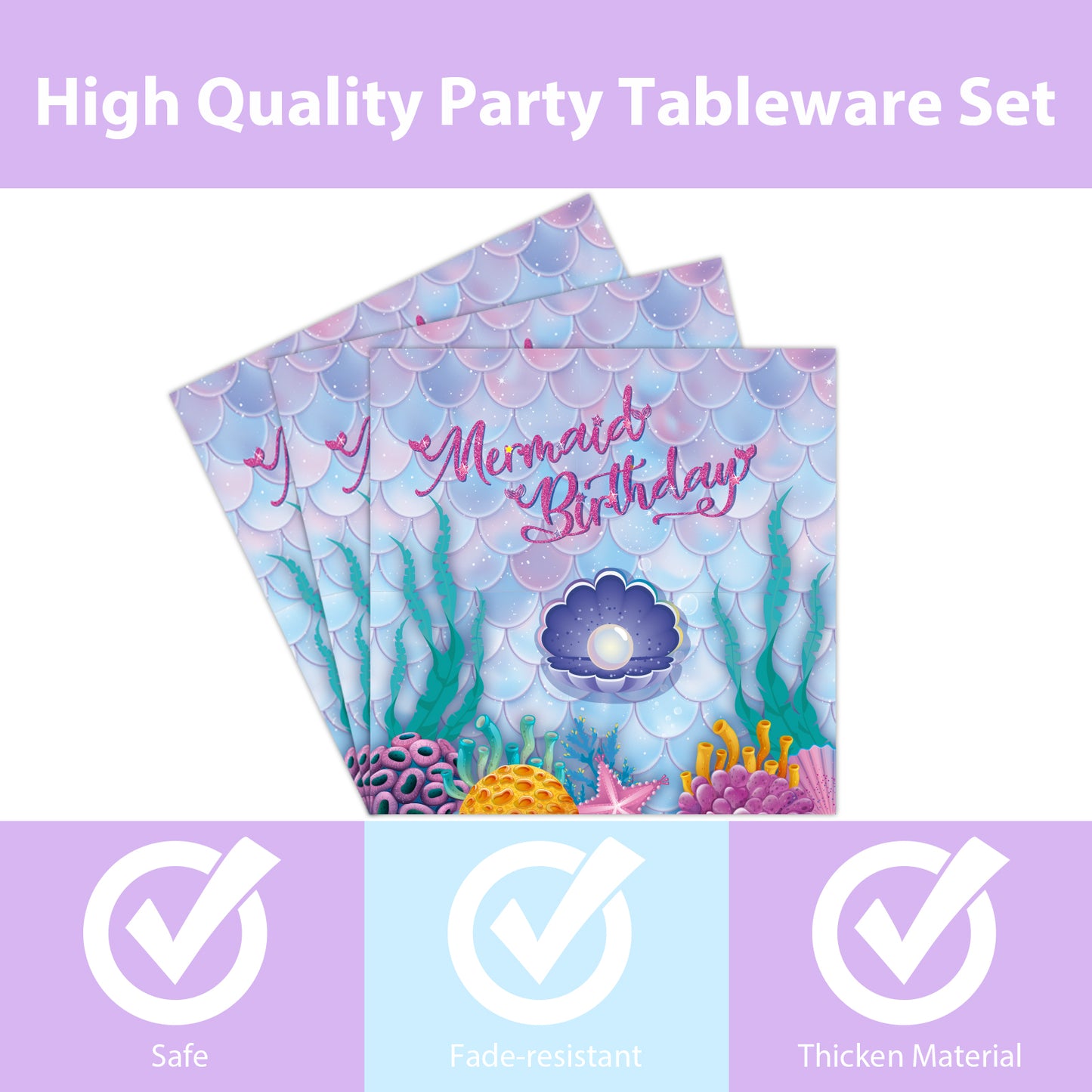 Mermaid Theme Party Supplies,Plates Napkins Forks Set of 96pcs