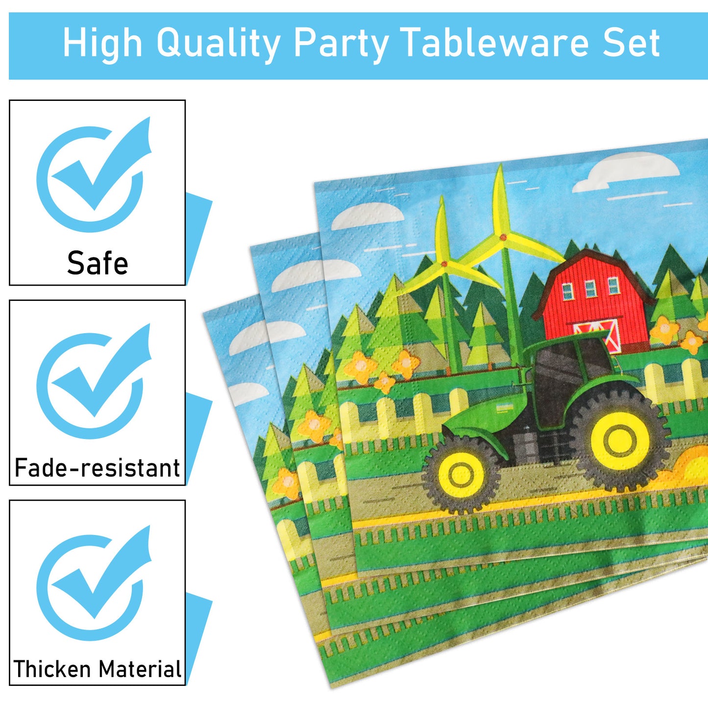 96 Pieces Green Tractor Party Tableware Set Paper Plates Napkins Forks for 24 Guests