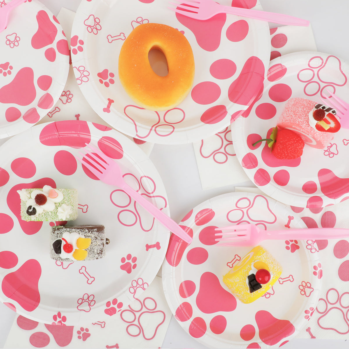 Pink Dog Paw Prints plates set - baby shower or Puppy birthday party supplies