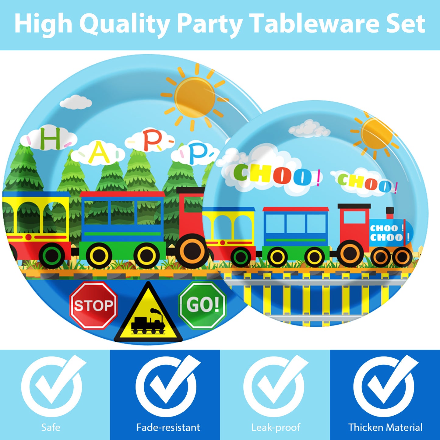 96 Pieces Train Party Tableware Set Paper Plates Napkins Forks for 24 Guests