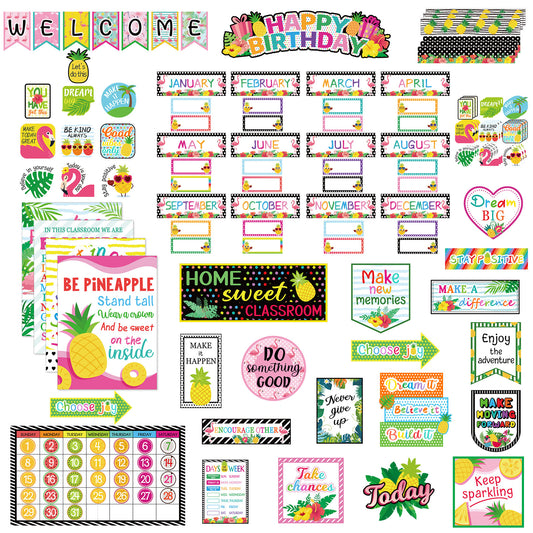 Tropical Summer Classroom Decor Hawaii Pineapple Flamingo Bulletin Board and Wall Decorations