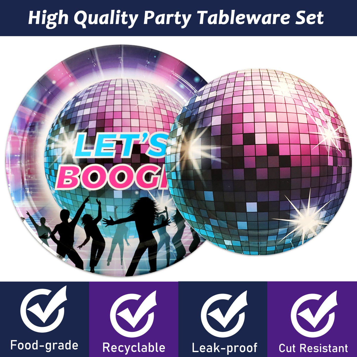 96 Pieces 70's Disco & Roller Skate Party Tableware Set Paper Plates Napkins Forks for 24 Guests