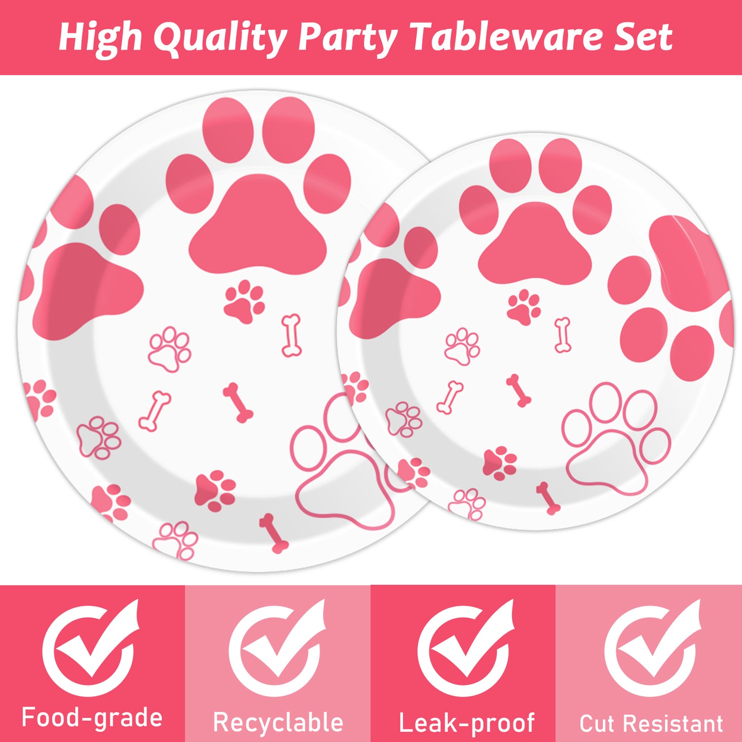 Pink Dog Paw Prints tableware set - baby shower or Puppy birthday party supplies