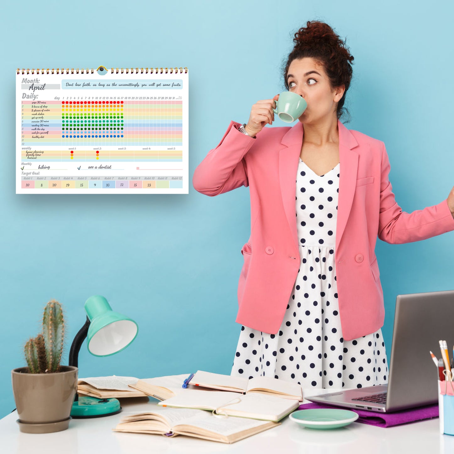 Colorful Habit Tracker Calendar Goal Planner with Spiral Binding - 12+2 Month