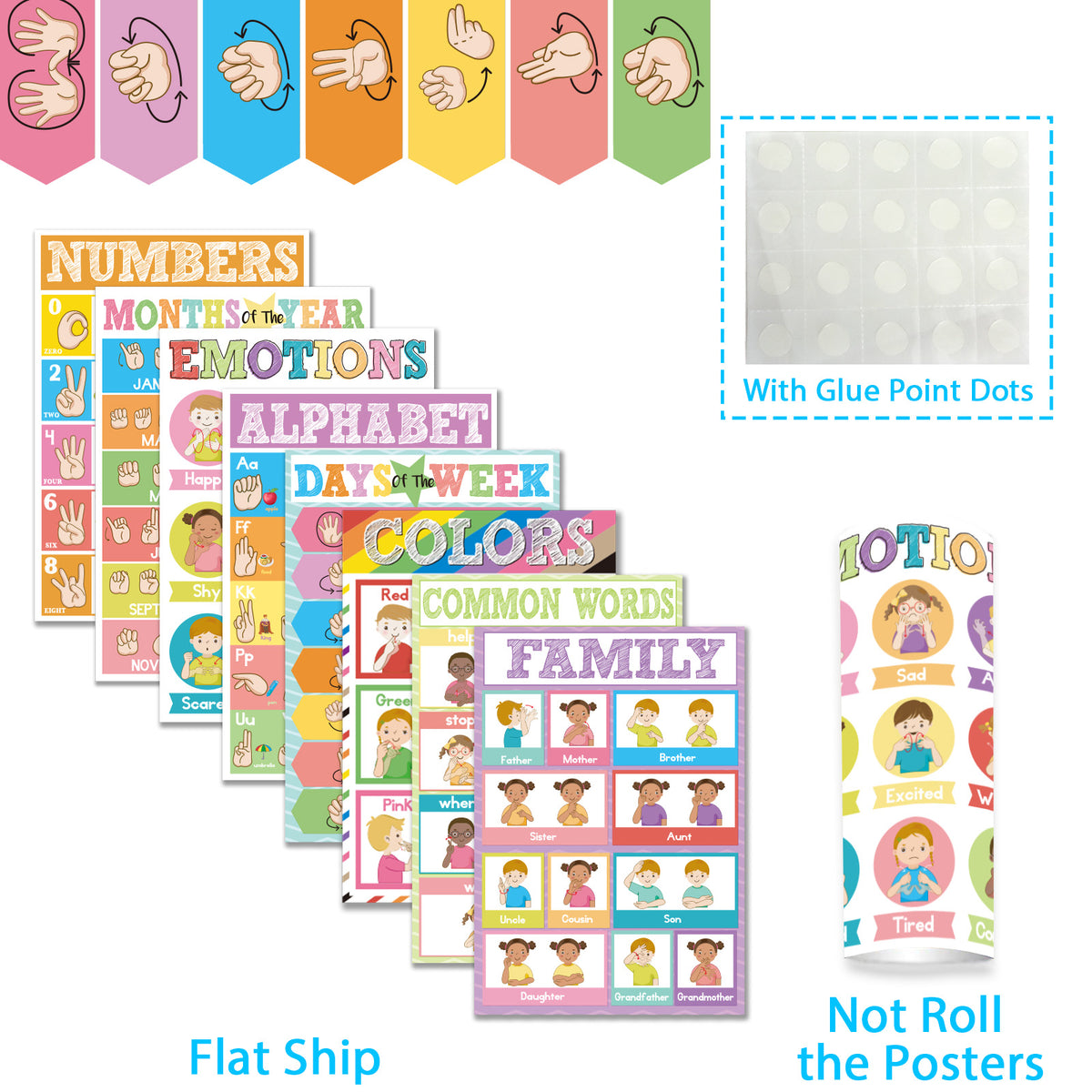 8 Pieces ASL Poster Sign Language Posters for Toddler Kids Students Classroom Decorations