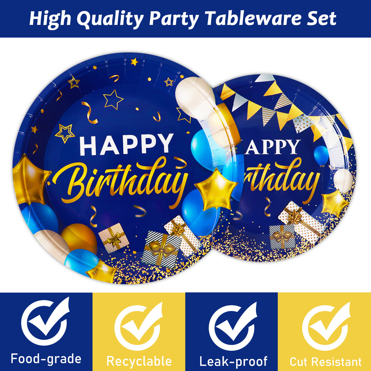 96 Pieces Blue and Gold Birthday Party Tableware Set Paper Plates Napkins Forks for 24 Guests
