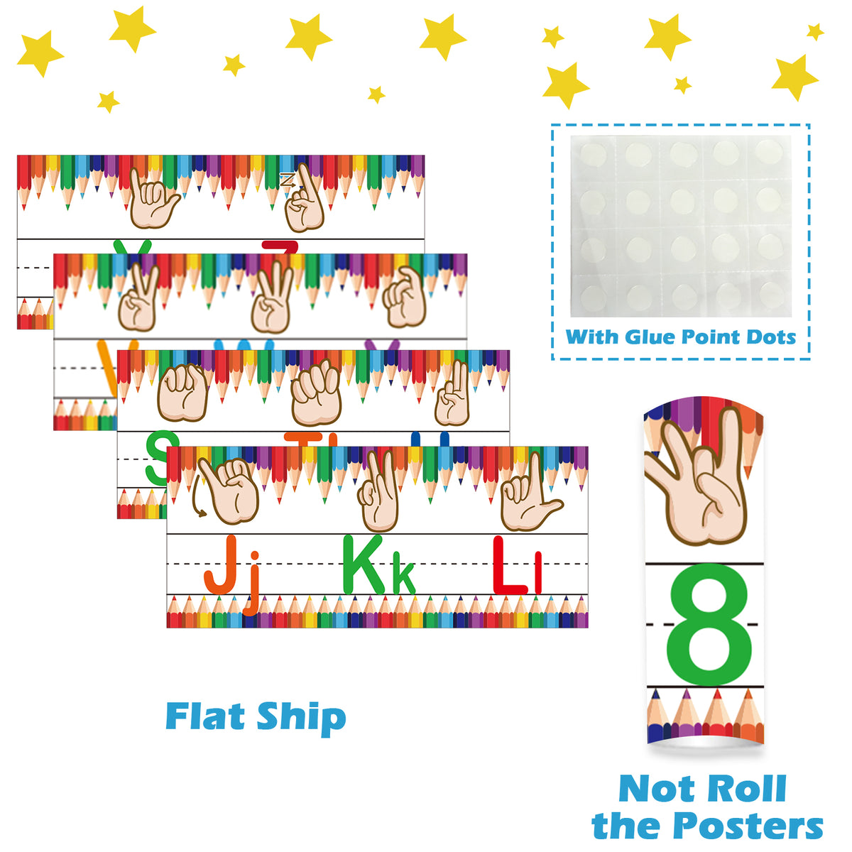 12 Pieces ASL Alphabet and Numbers Bulletin Board Alphabet Strips Set