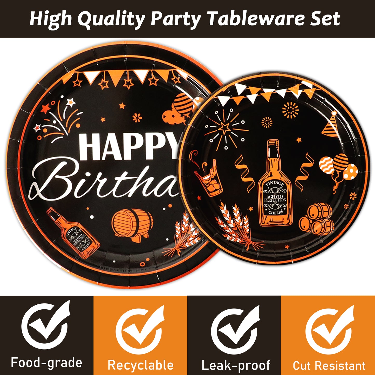 96 Pieces Whiskey Birthday Party Tableware Set Paper Plates Napkins Forks for 24 Guests