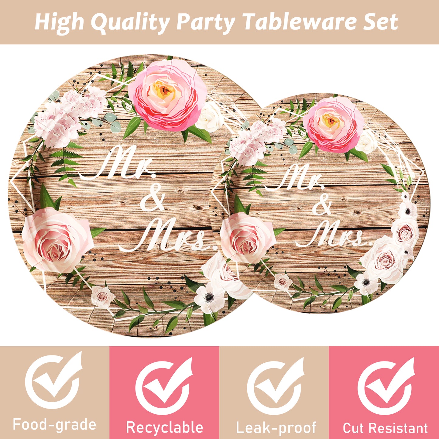 96 Pieces Mr. & Mrs. Tableware Set Bridal Shower Wedding Paper Plates Napkins Forks for 24 Guests