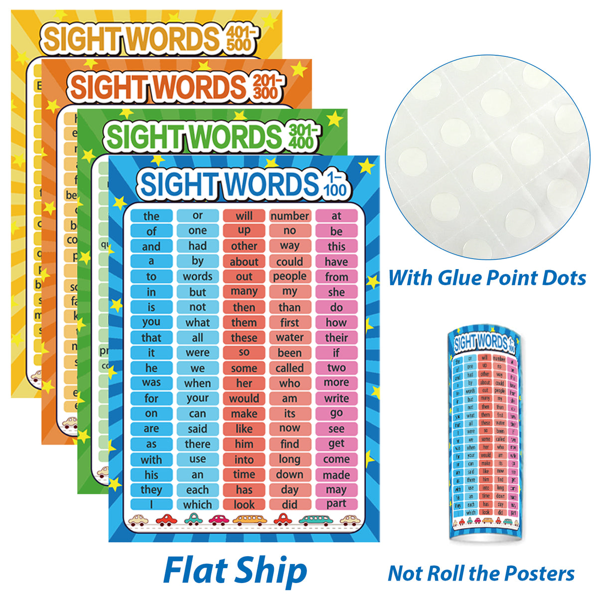 8 Pieces Educational Posters Sight Words and Word Families Posters
