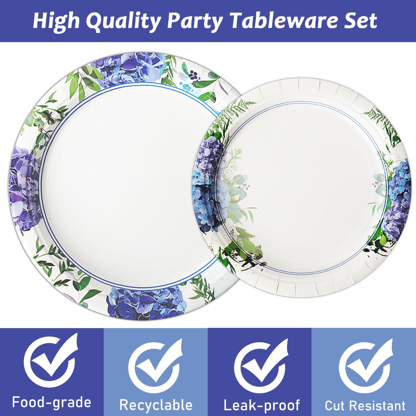Hydrangea Theme Party Supplies,Plates Napkins Forks Set of 96pcs
