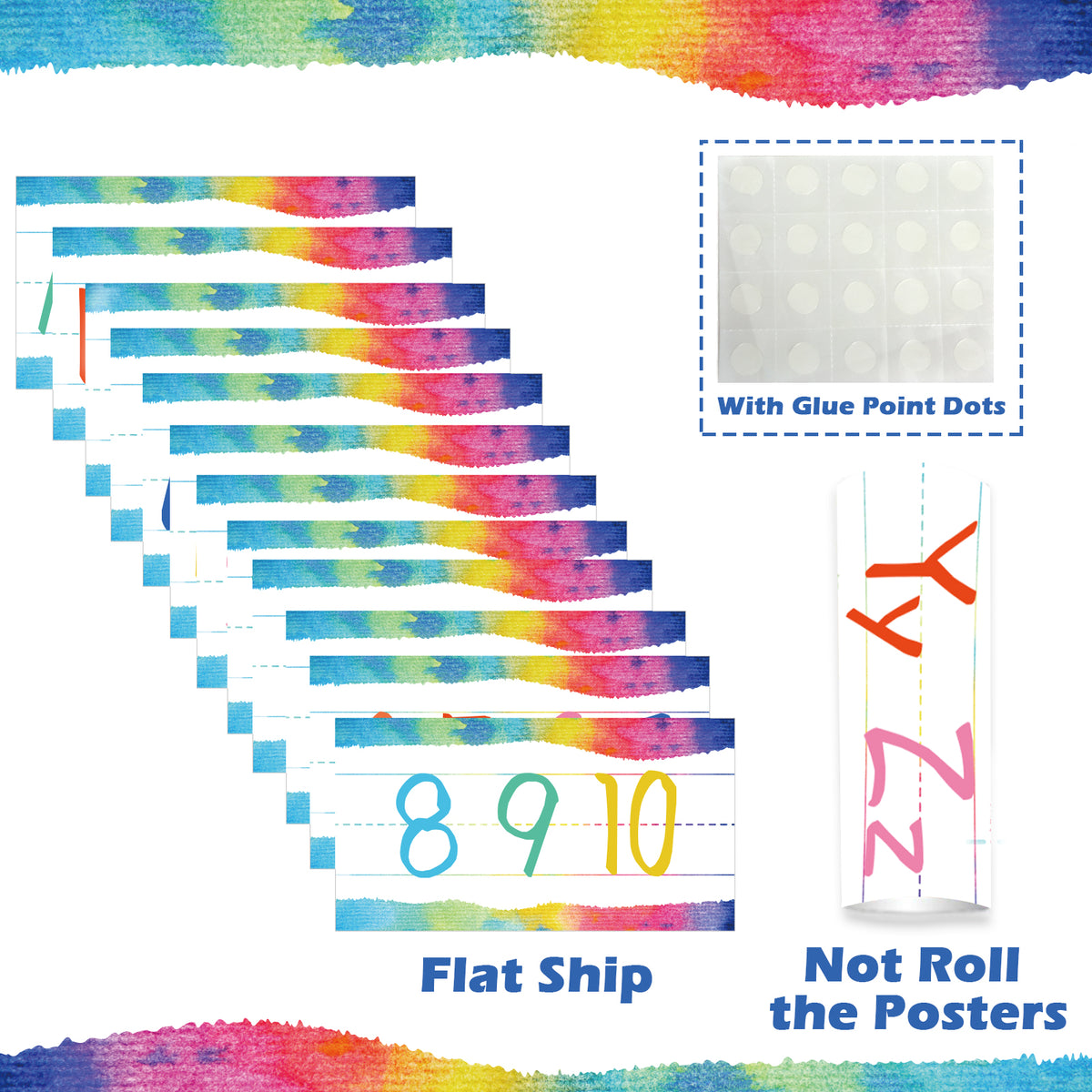 12 Pieces Alphabet Bulletin Board Strips Set Alphabet Line & Number Border Posters(Watercolor)
