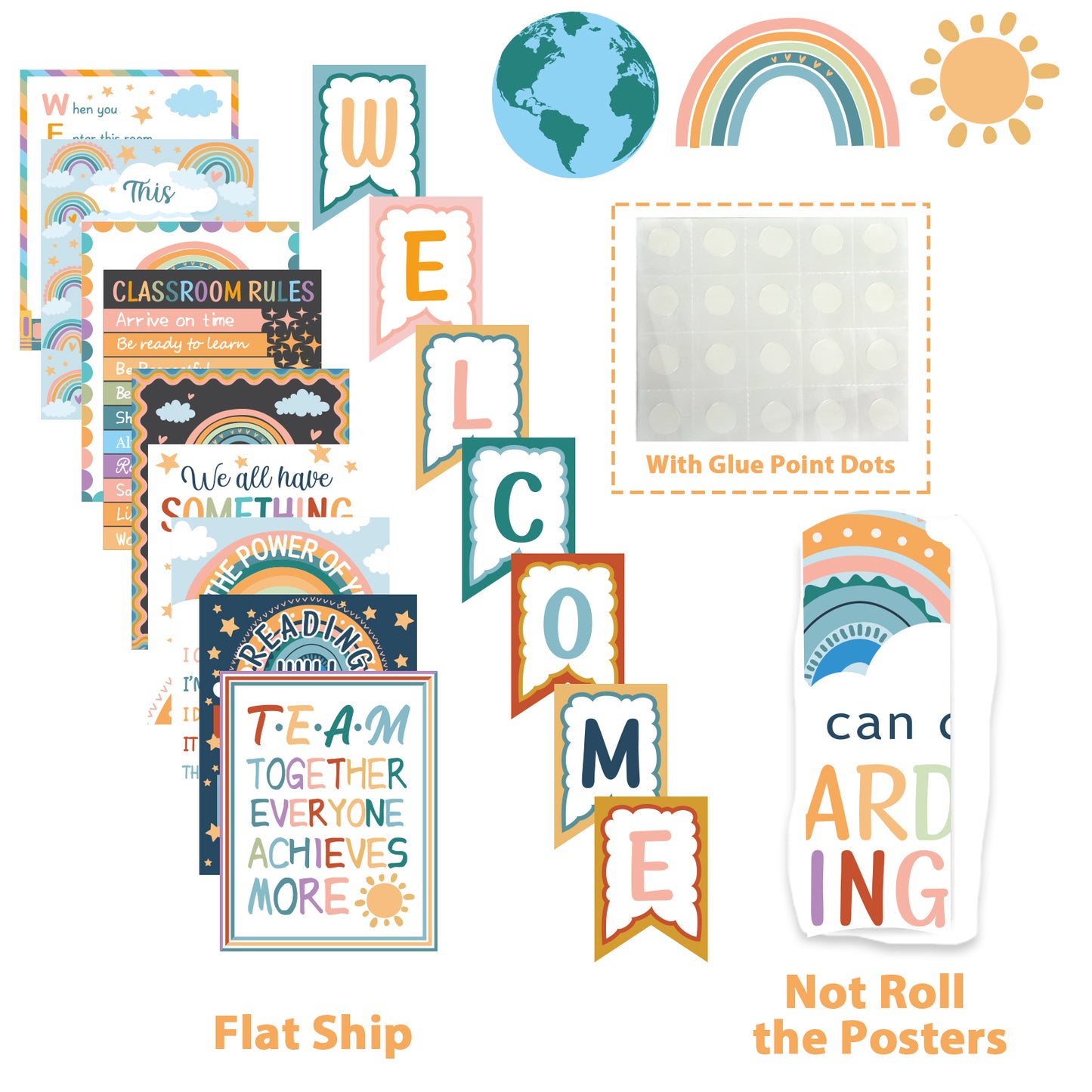 17 Pieces Boho Rainbow Classroom Motivational Posters
