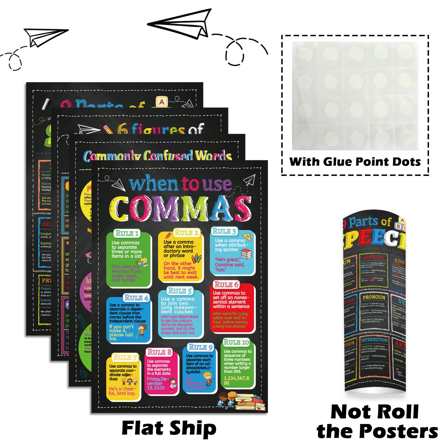 4 Pieces English Grammar Posters Educational Literary Wall Signs,16 x 11 Inch