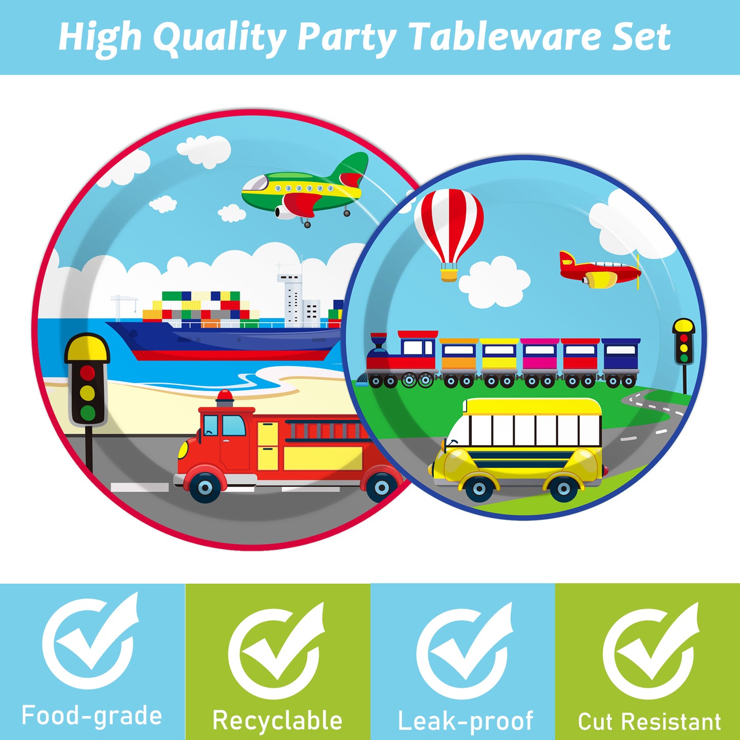Transportation Theme Party Supplies,Plates Napkins Forks Set of 96pcs
