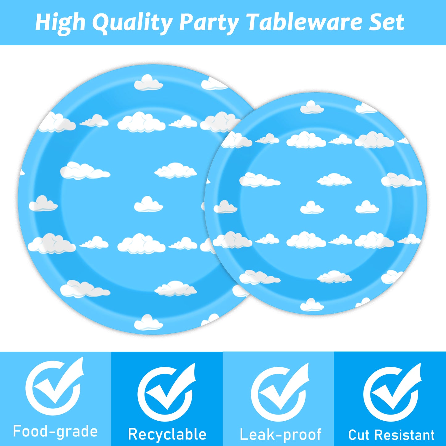 Blue Sky White Clouds Party Supplies,Plates Napkins Forks Set of 96pcs