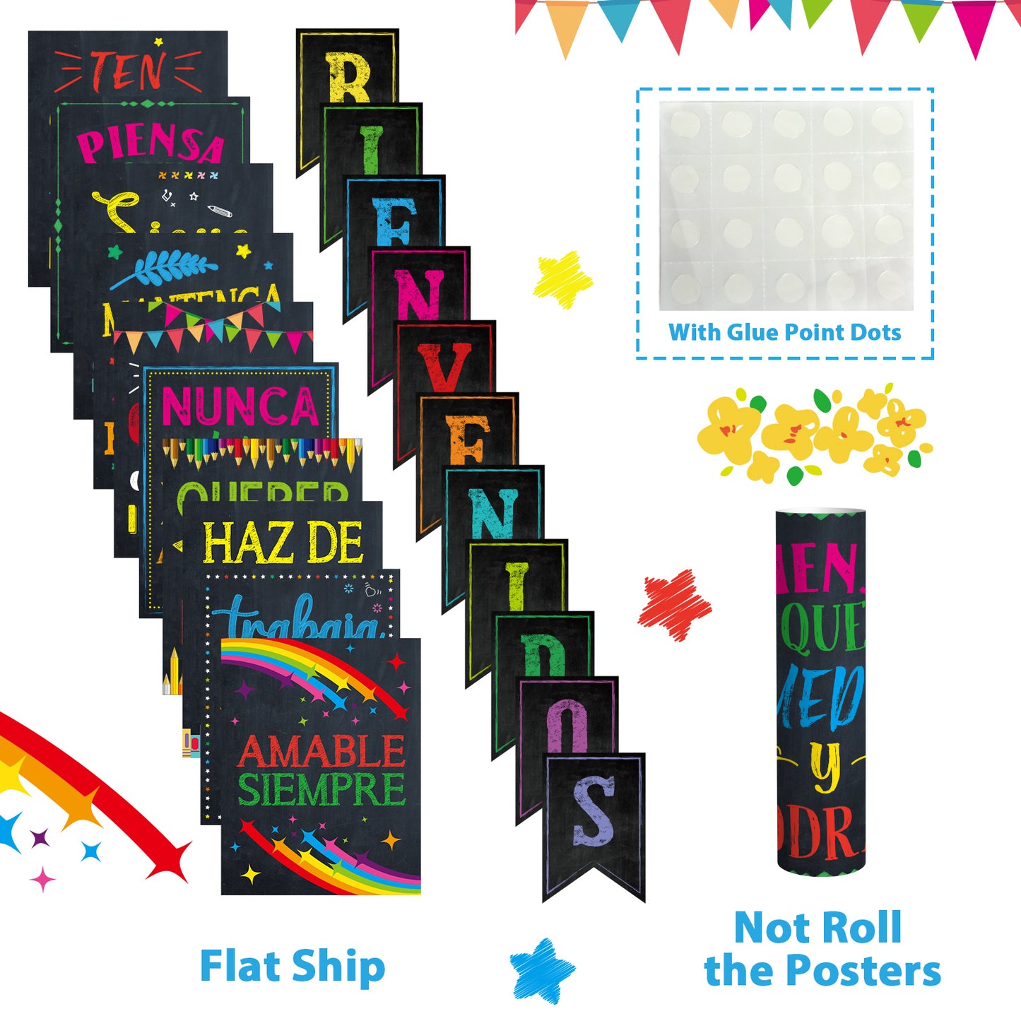 21 Pack Spanish Bienvenidos Inspirational Posters Spanish Classroom Decorations - Colourful