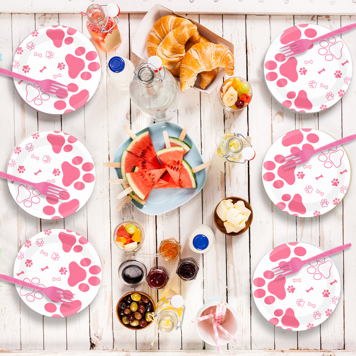 Pink Dog Paw Prints plates set - baby shower or Puppy birthday party supplies