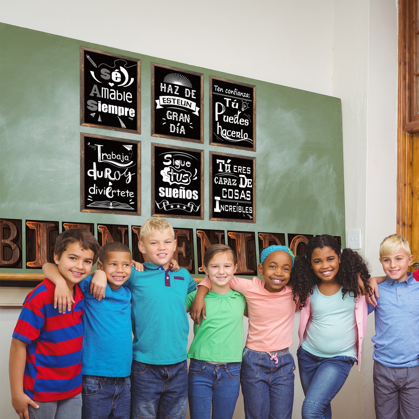 Spanish Bienvenidos Posters Classroom Decorations with Adhesive Dots - 17 Pack Black