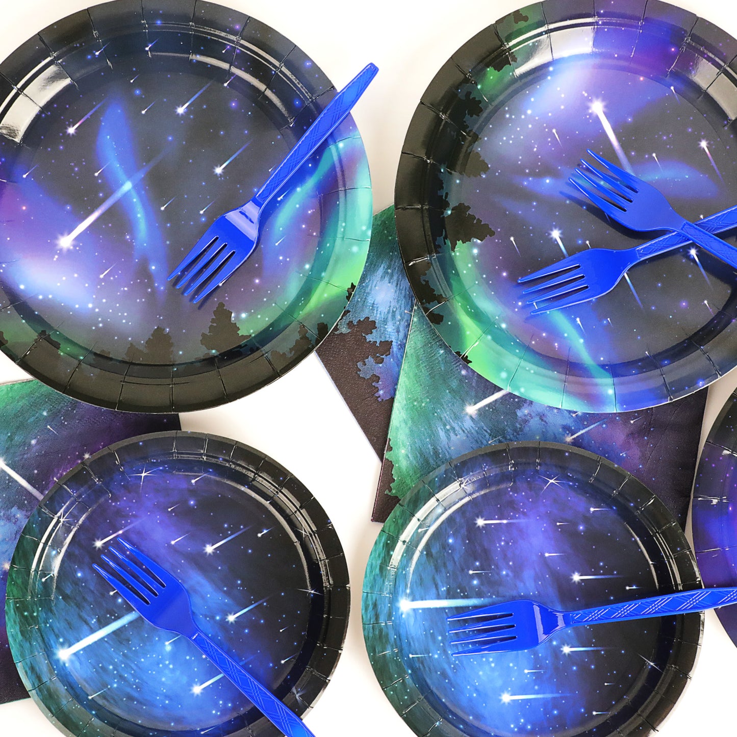 96 Pieces Starry Night Supplies Tableware Set Outer Space Paper Plates Napkins Forks for 24 Guests