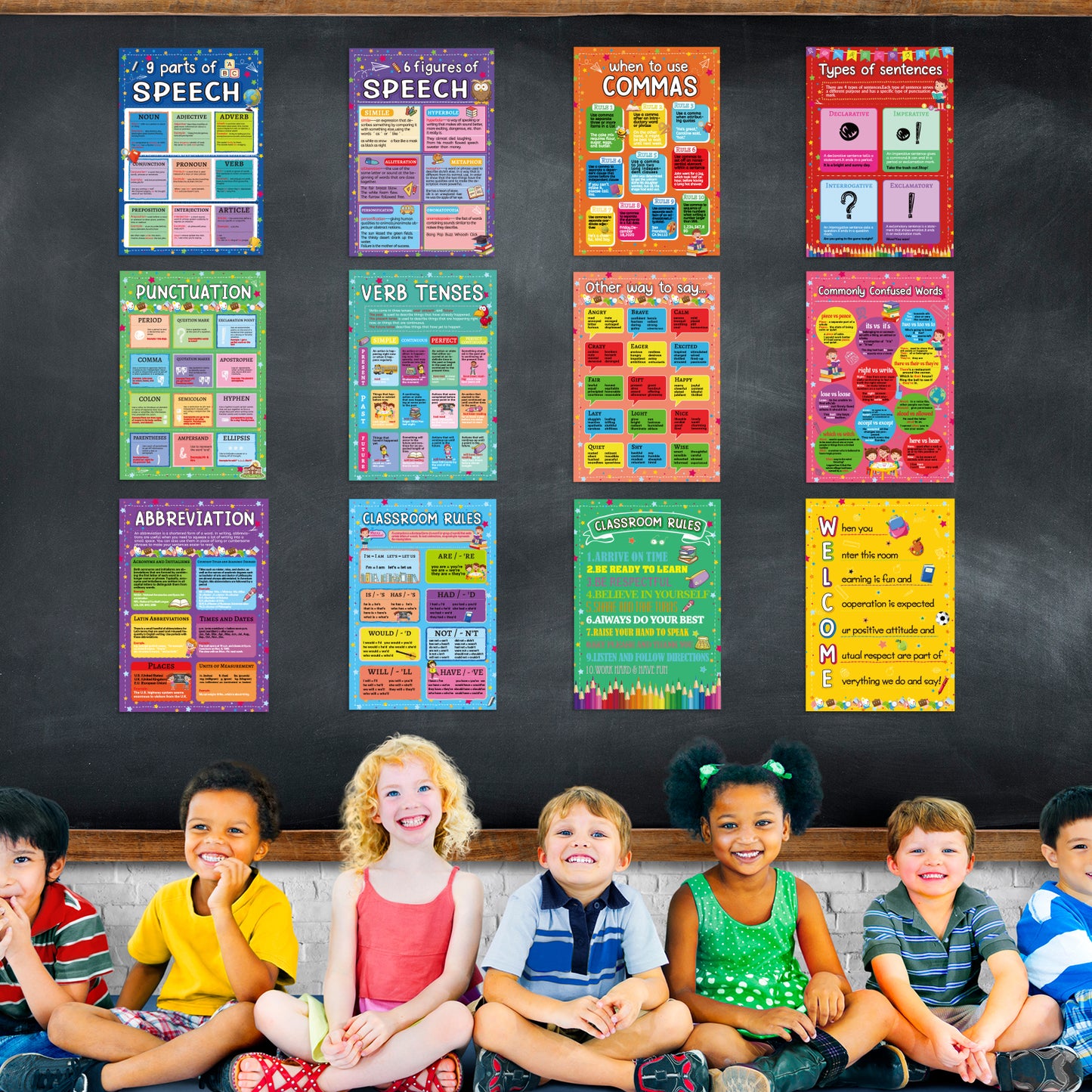 12 Pieces English Grammar Posters Educational Literary Wall Signs,16 x 11 Inch