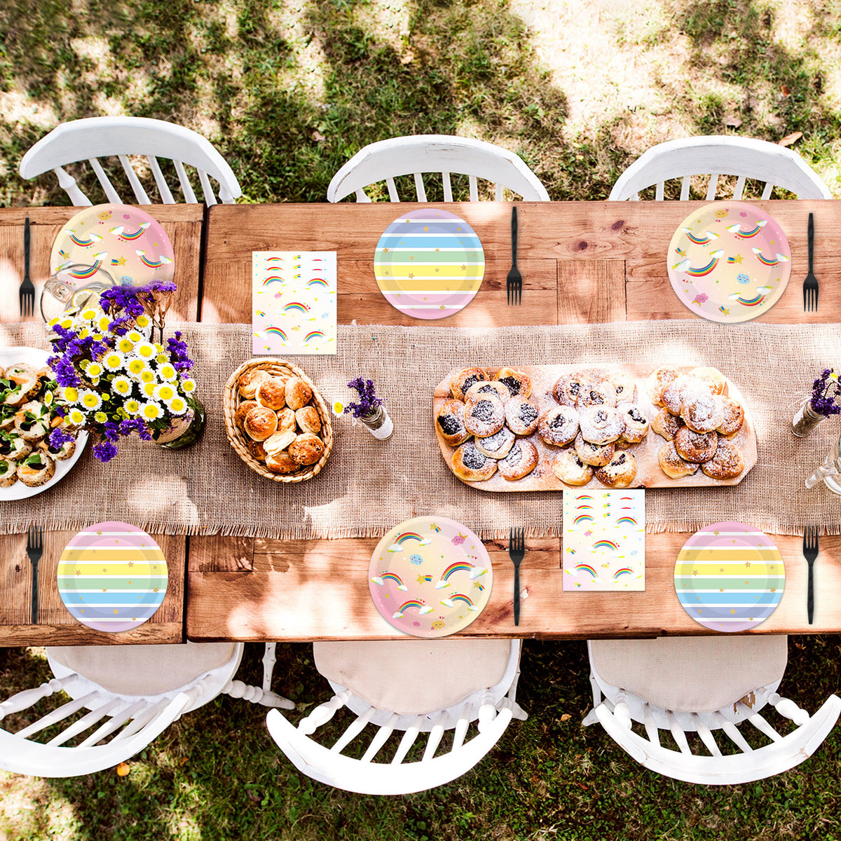 96 Pieces Rainbow Party Tableware Set Paper Plates Napkins Forks for 24 Guests