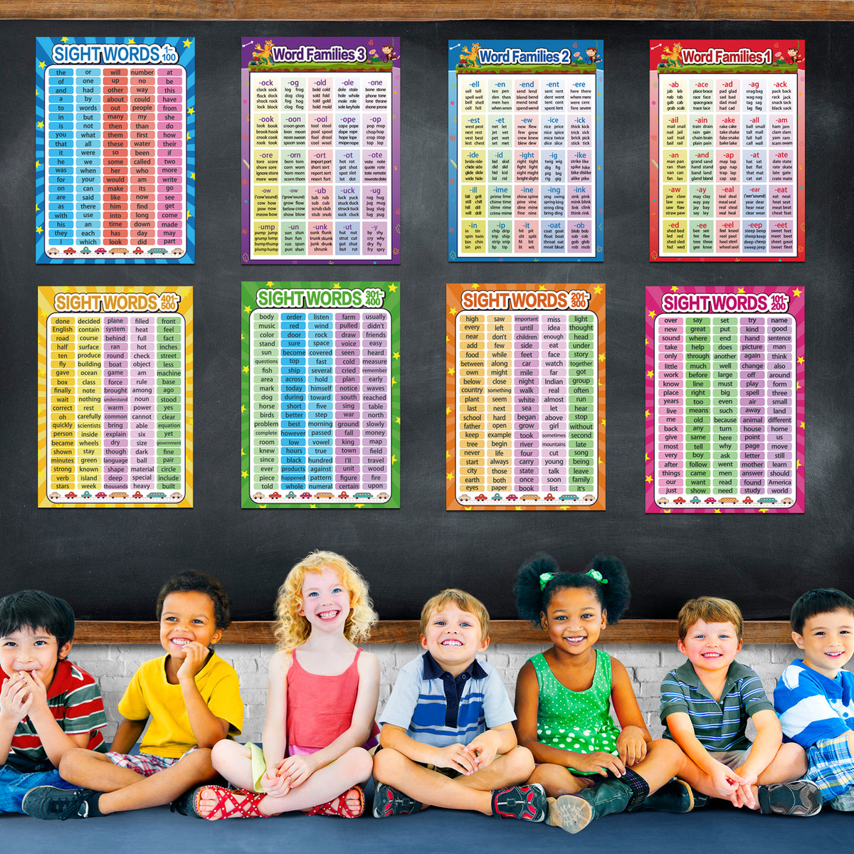 8 Pieces Educational Posters Sight Words and Word Families Posters