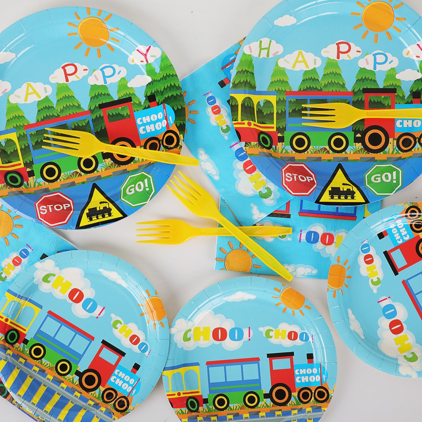 96 Pieces Train Party Tableware Set Paper Plates Napkins Forks for 24 Guests