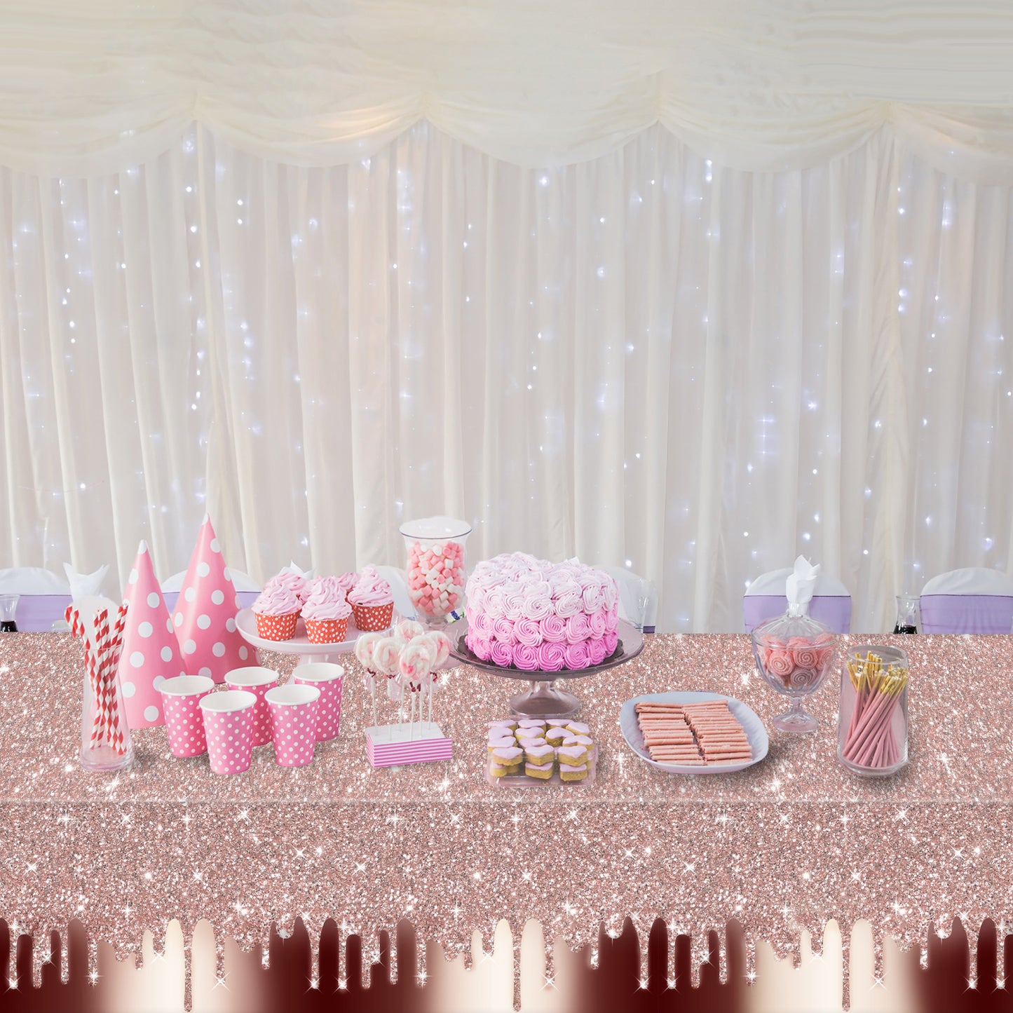 3pcs Pink Rose Golden Birthday Party Tablecloths 108 x 51 inch